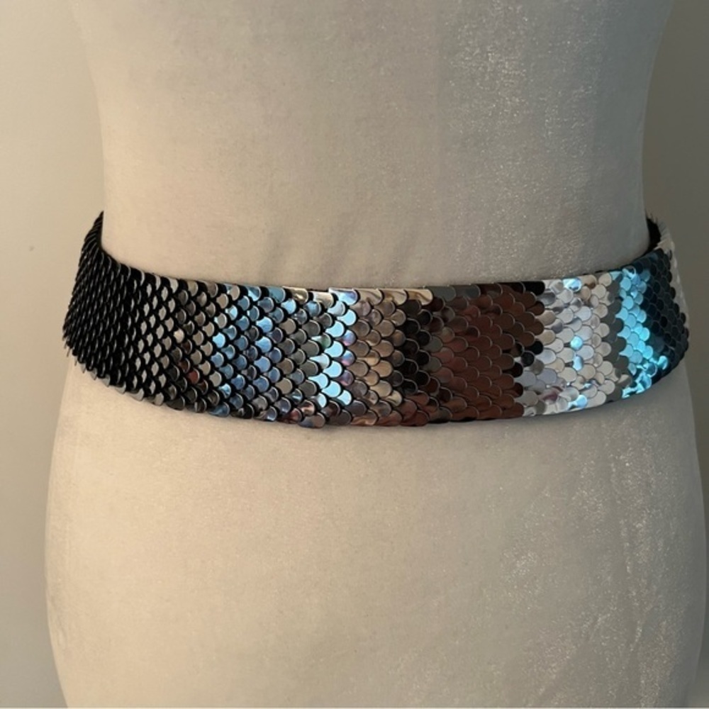 Vintage stretch statement belt silver toned metal disks ornate buckle EUC - Picture 2 of 7